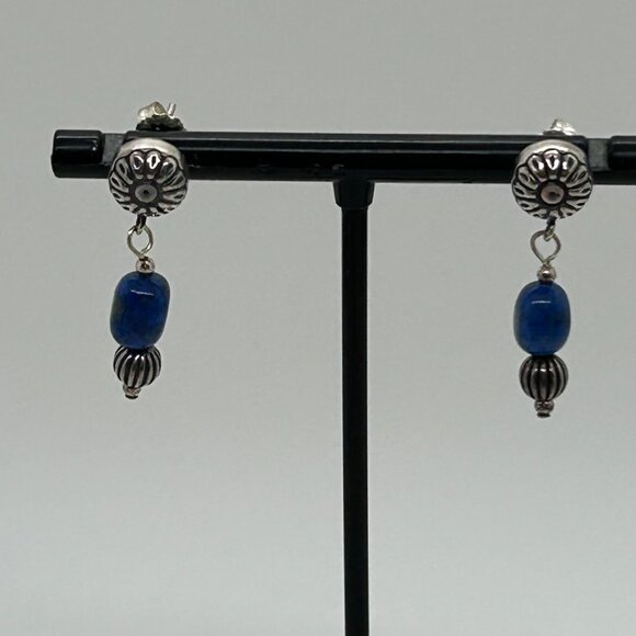 Carolyn Pollack Sterling Silver Pierced Earrings Vintage Lapis Bead Dangle Y2K - Picture 3 of 13
